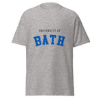 Unisex heather gray t-shirt featuring University of Bath logo printed across the front chest