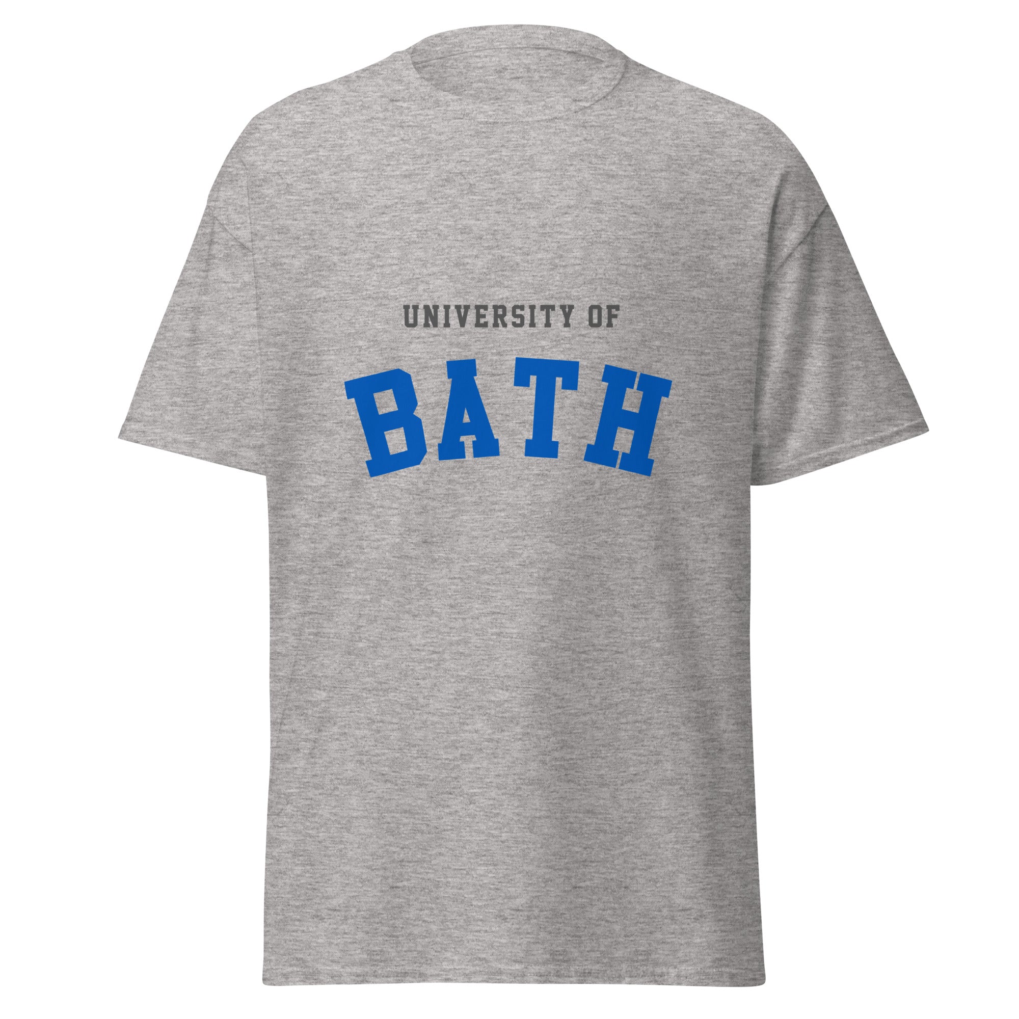Unisex heather gray t-shirt featuring University of Bath logo printed across the front chest