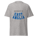 Unisex heather gray t-shirt featuring University of East Anglia logo printed across the front chest