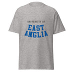 Unisex heather gray t-shirt featuring University of East Anglia logo printed across the front chest