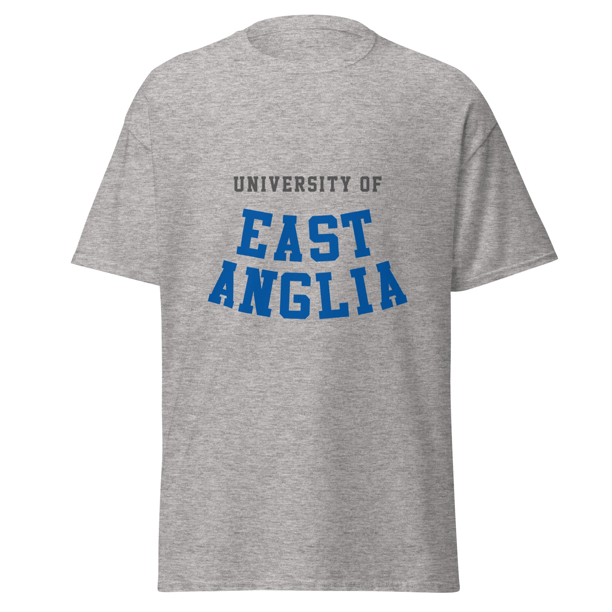 Unisex heather gray t-shirt featuring University of East Anglia logo printed across the front chest