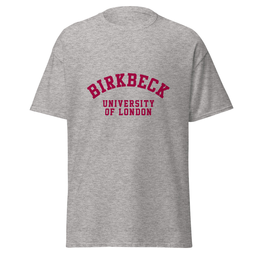 Unisex heather gray t-shirt featuring Birkbeck, University of London logo printed across the front chest