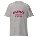 Unisex heather gray t-shirt featuring Birkbeck, University of London logo printed across the front chest