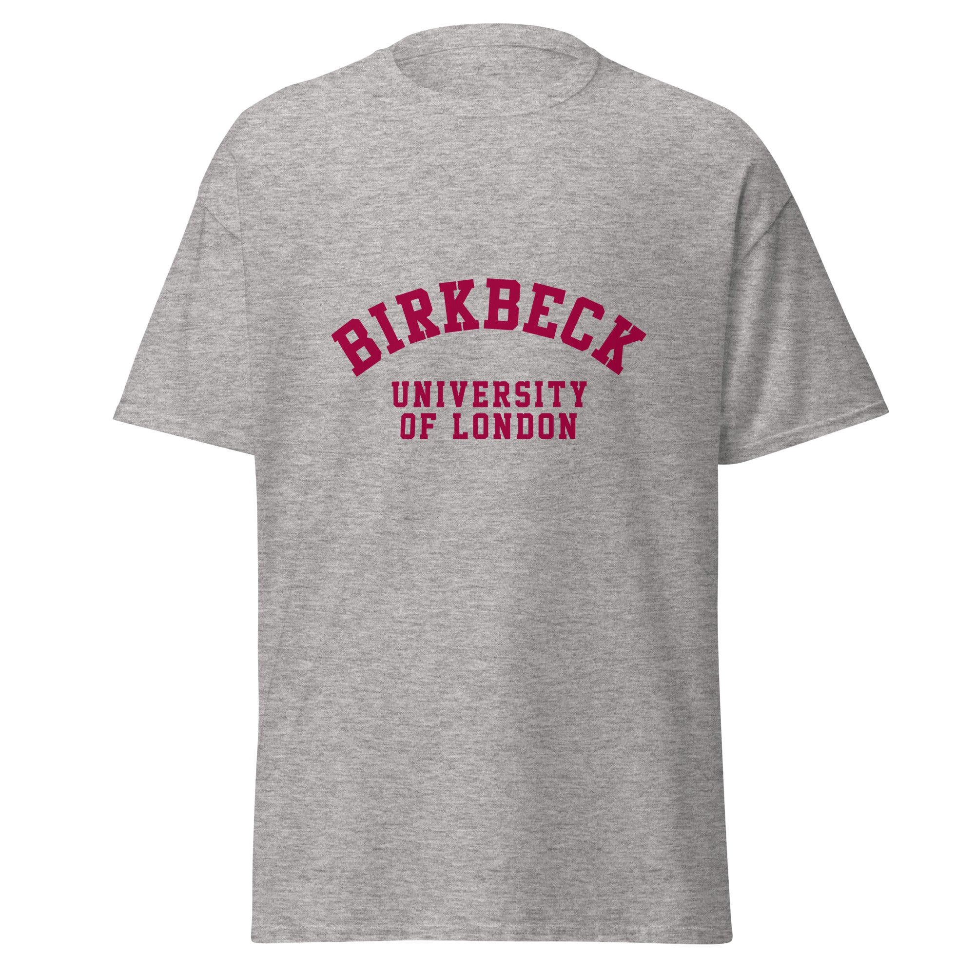 Unisex heather gray t-shirt featuring Birkbeck, University of London logo printed across the front chest
