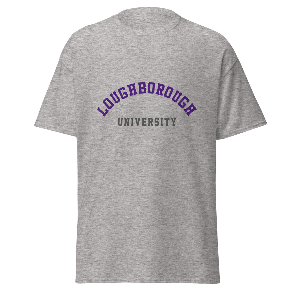 Unisex heather gray t-shirt featuring Loughborough University logo printed across the front chest