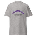 Unisex heather gray t-shirt featuring Loughborough University logo printed across the front chest