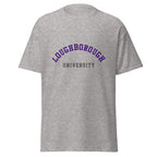 Unisex heather gray t-shirt featuring Loughborough University logo printed across the front chest