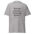 Unisex heather gray t-shirt with James 1:22 Bible verse printed in black text on front