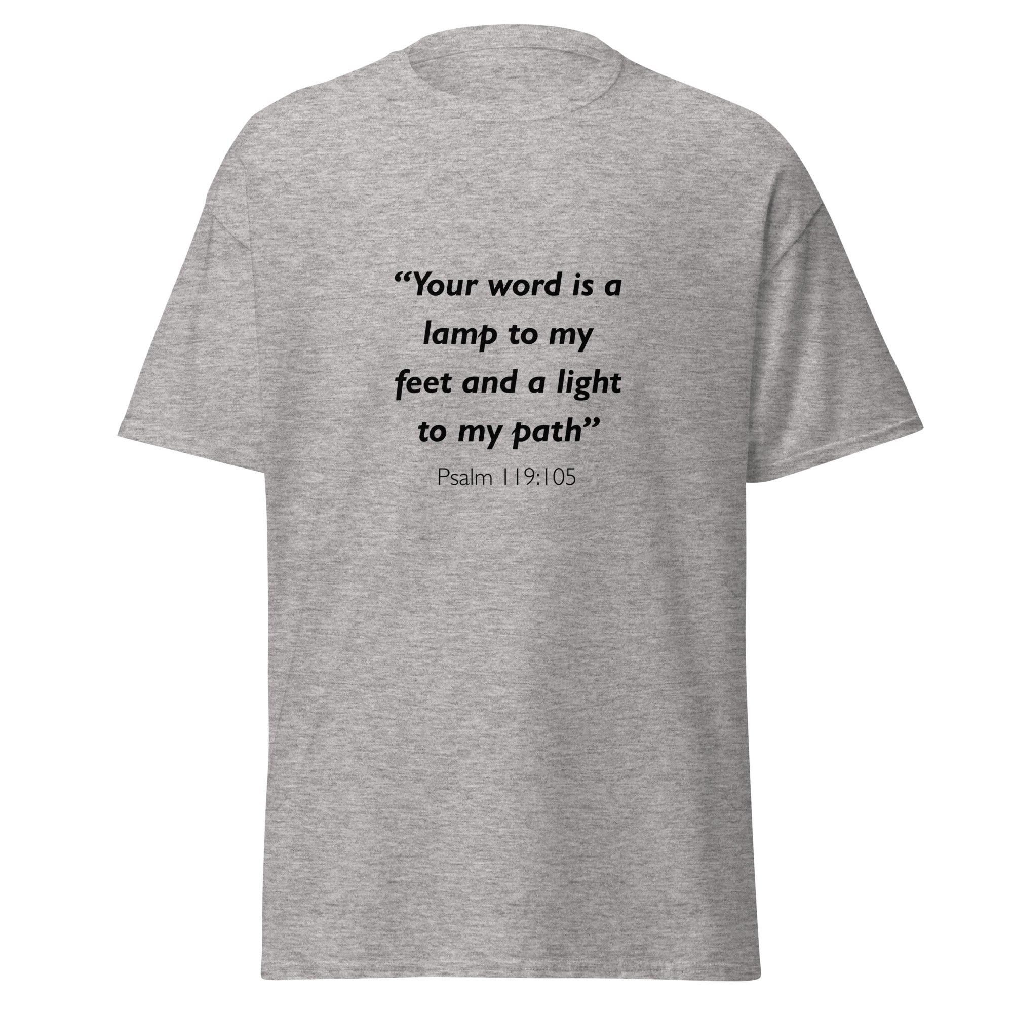 Unisex heather gray t-shirt with Psalm 119:105 Bible verse printed in black text on front