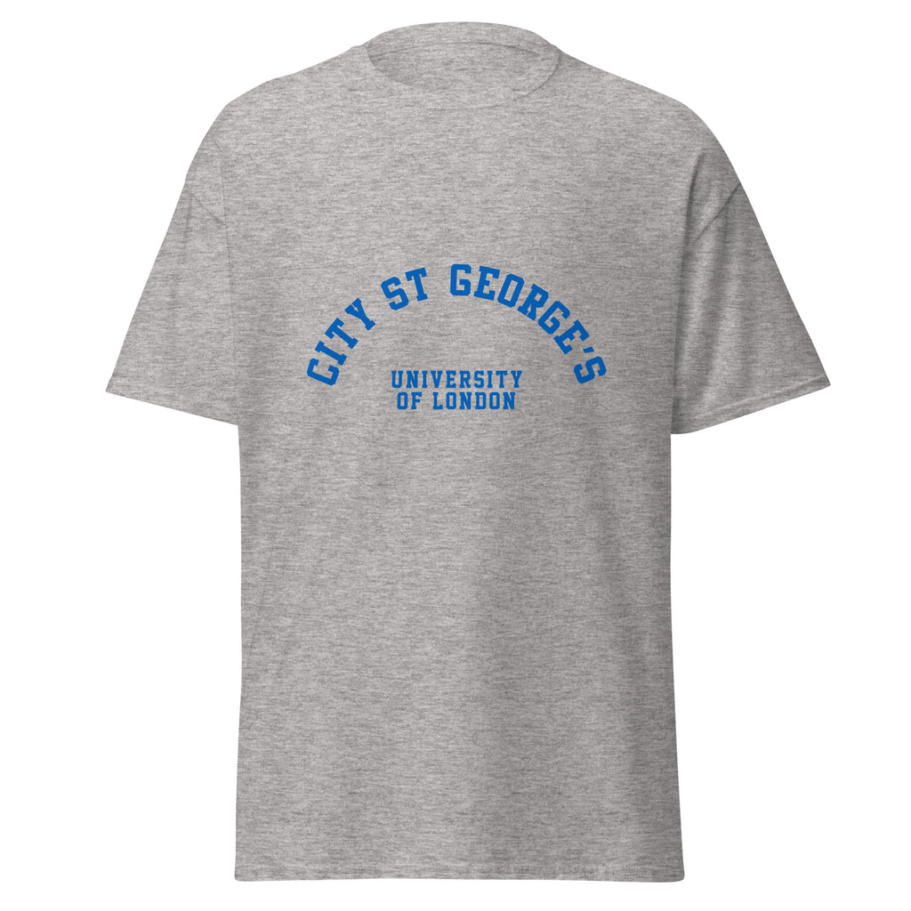 Unisex heather gray t-shirt featuring St George's, University of London logo printed across the front chest