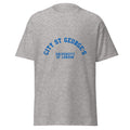 Unisex heather gray t-shirt featuring St George's, University of London logo printed across the front chest