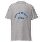 Unisex heather gray t-shirt featuring St George's, University of London logo printed across the front chest