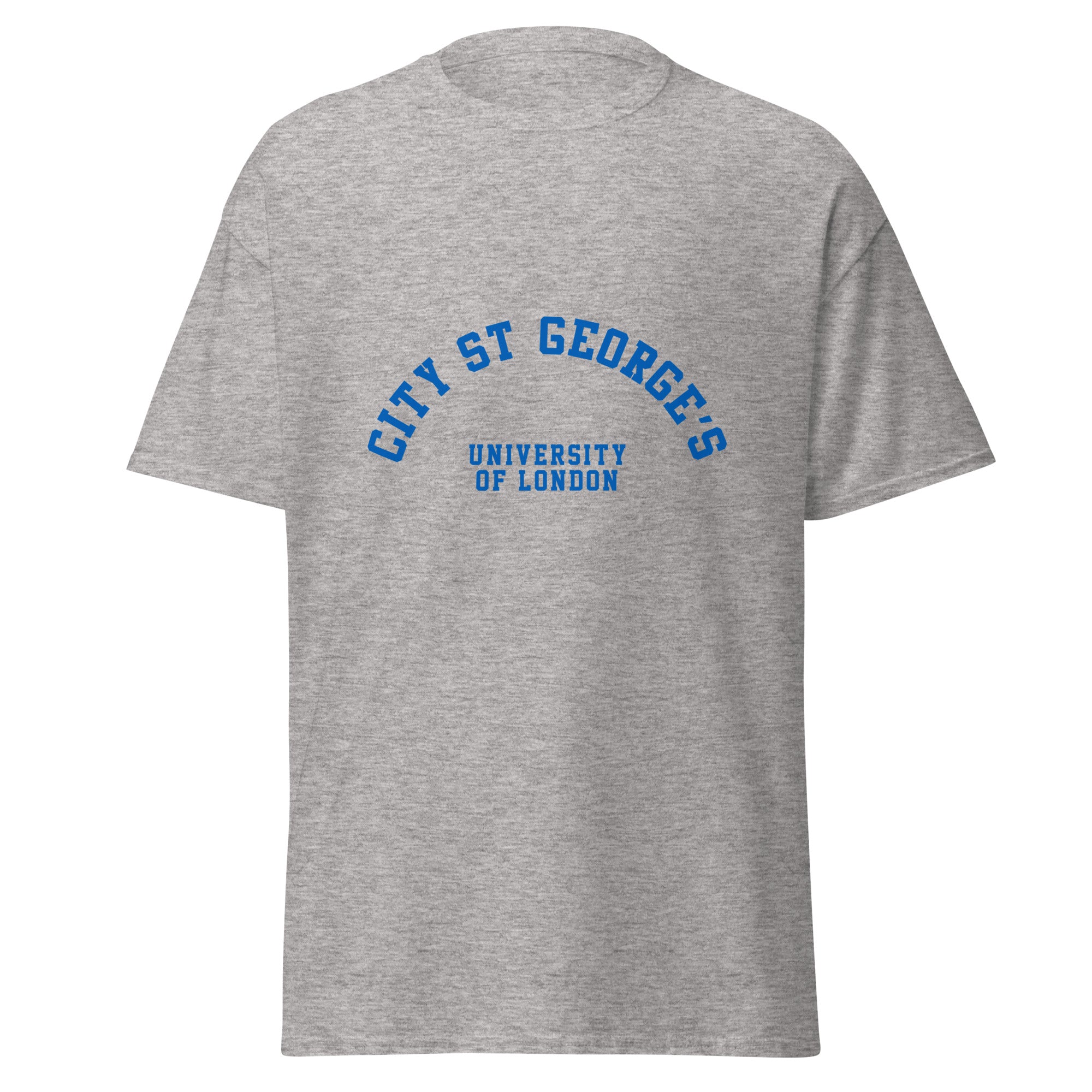 Unisex heather gray t-shirt featuring St George's, University of London logo printed across the front chest