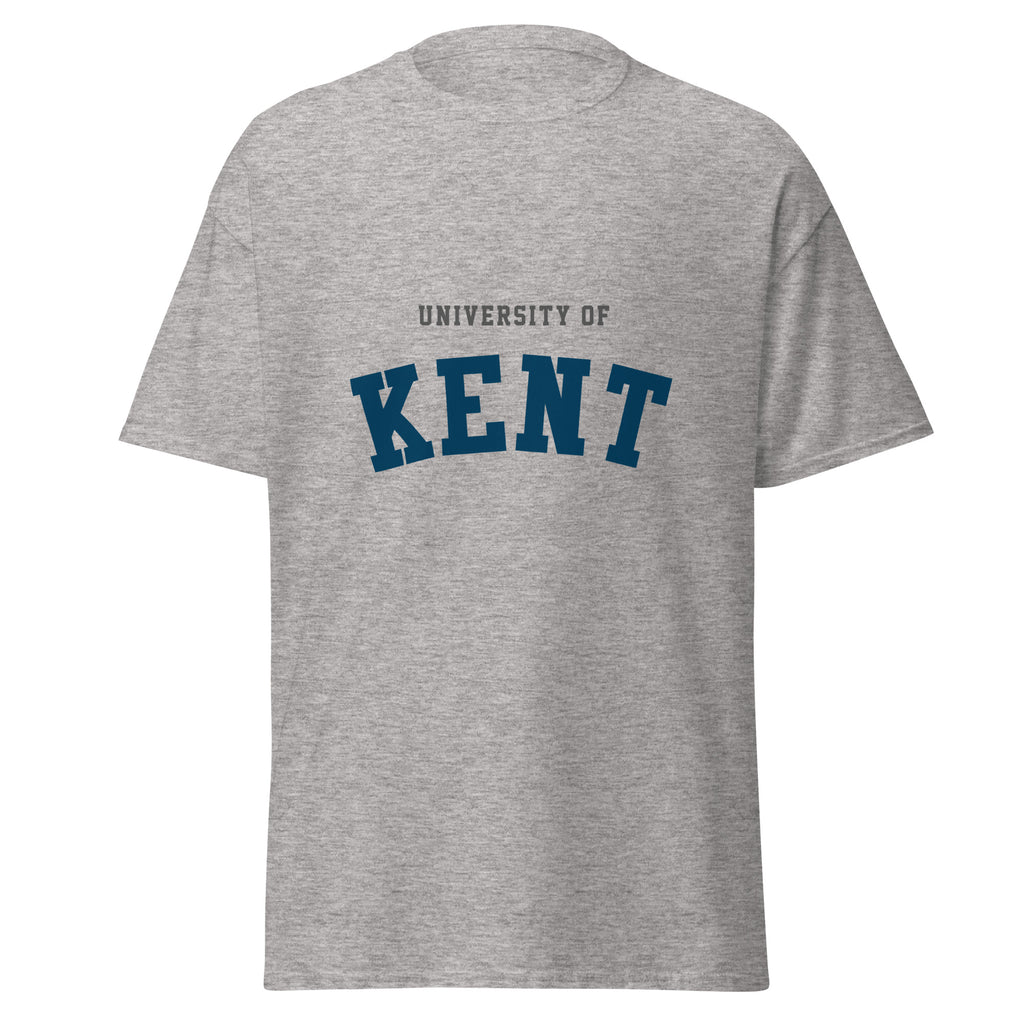 Unisex heather gray t-shirt featuring University of Kent logo printed across the front chest