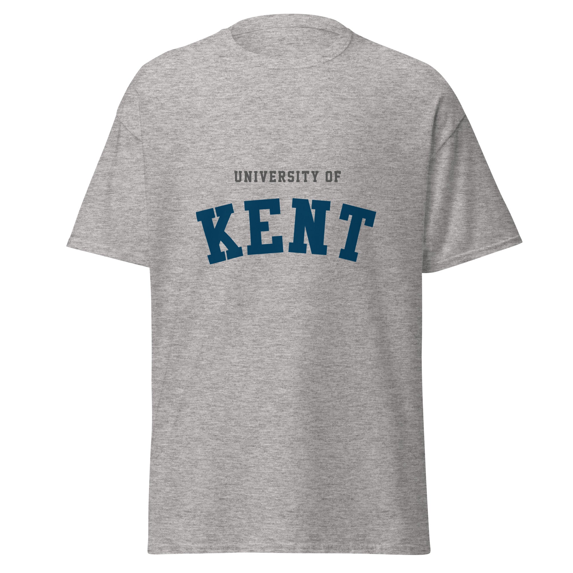 Unisex heather gray t-shirt featuring University of Kent logo printed across the front chest