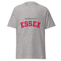 Unisex heather gray t-shirt featuring University of Essex logo printed across the front chest