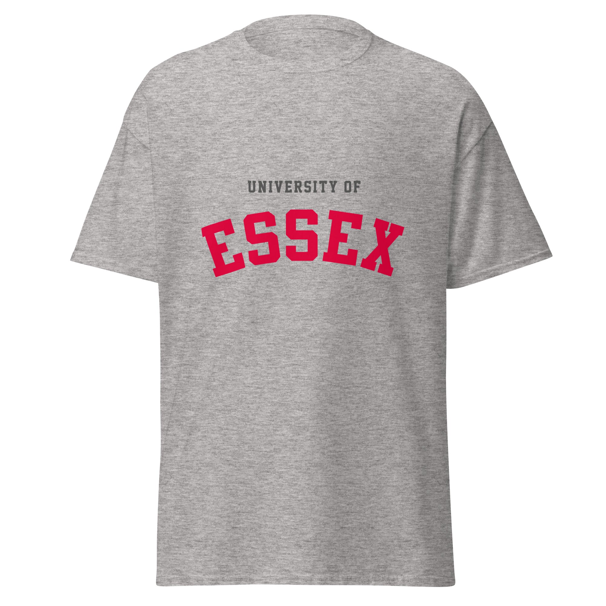 Unisex heather gray t-shirt featuring University of Essex logo printed across the front chest