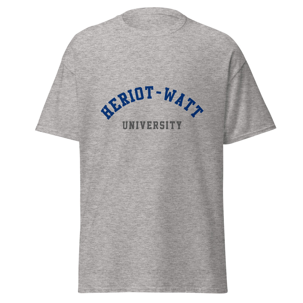 Unisex heather gray t-shirt featuring Heriot-Watt University logo printed across the front chest