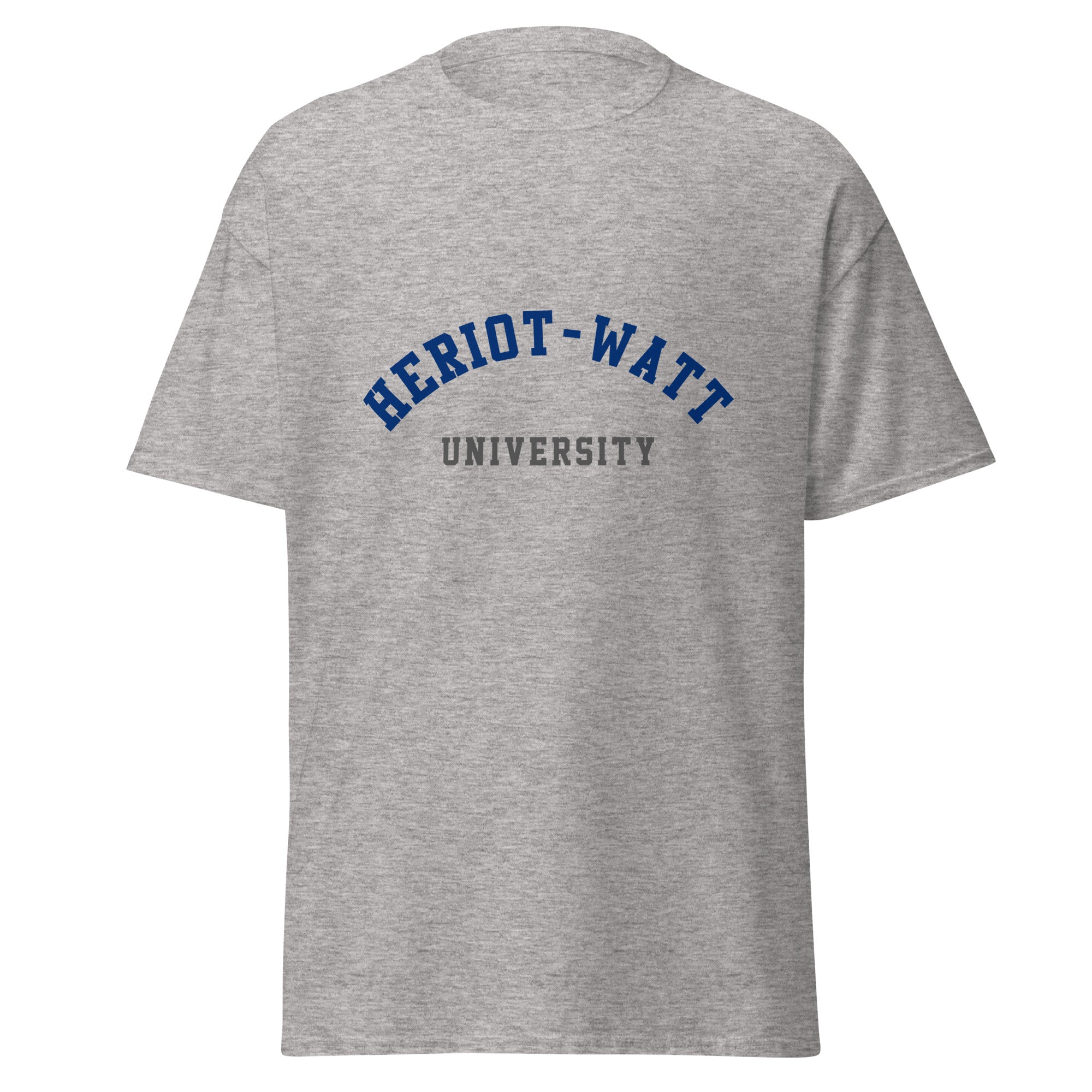 Unisex heather gray t-shirt featuring Heriot-Watt University logo printed across the front chest