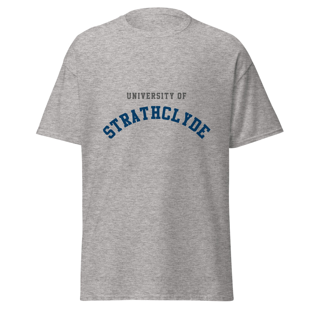 Unisex heather gray t-shirt featuring University of Strathclyde logo printed across the front chest