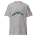 Unisex heather gray t-shirt featuring University of Strathclyde logo printed across the front chest