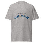 Unisex heather gray t-shirt featuring University of Strathclyde logo printed across the front chest