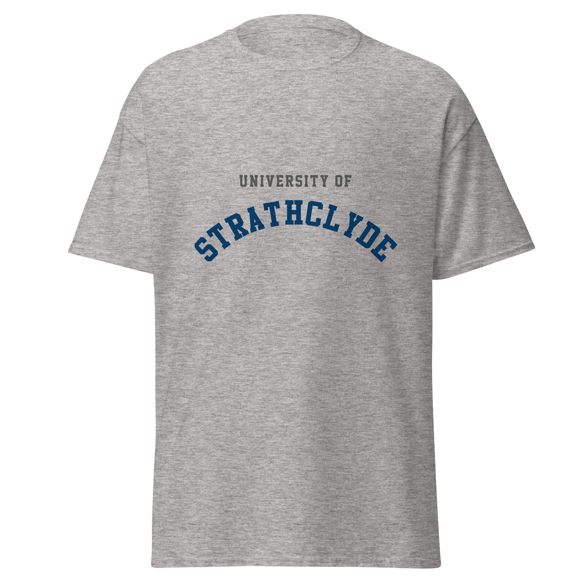 Unisex heather gray t-shirt featuring University of Strathclyde logo printed across the front chest