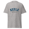 Unisex heather gray t-shirt featuring Keele University logo printed across the front chest