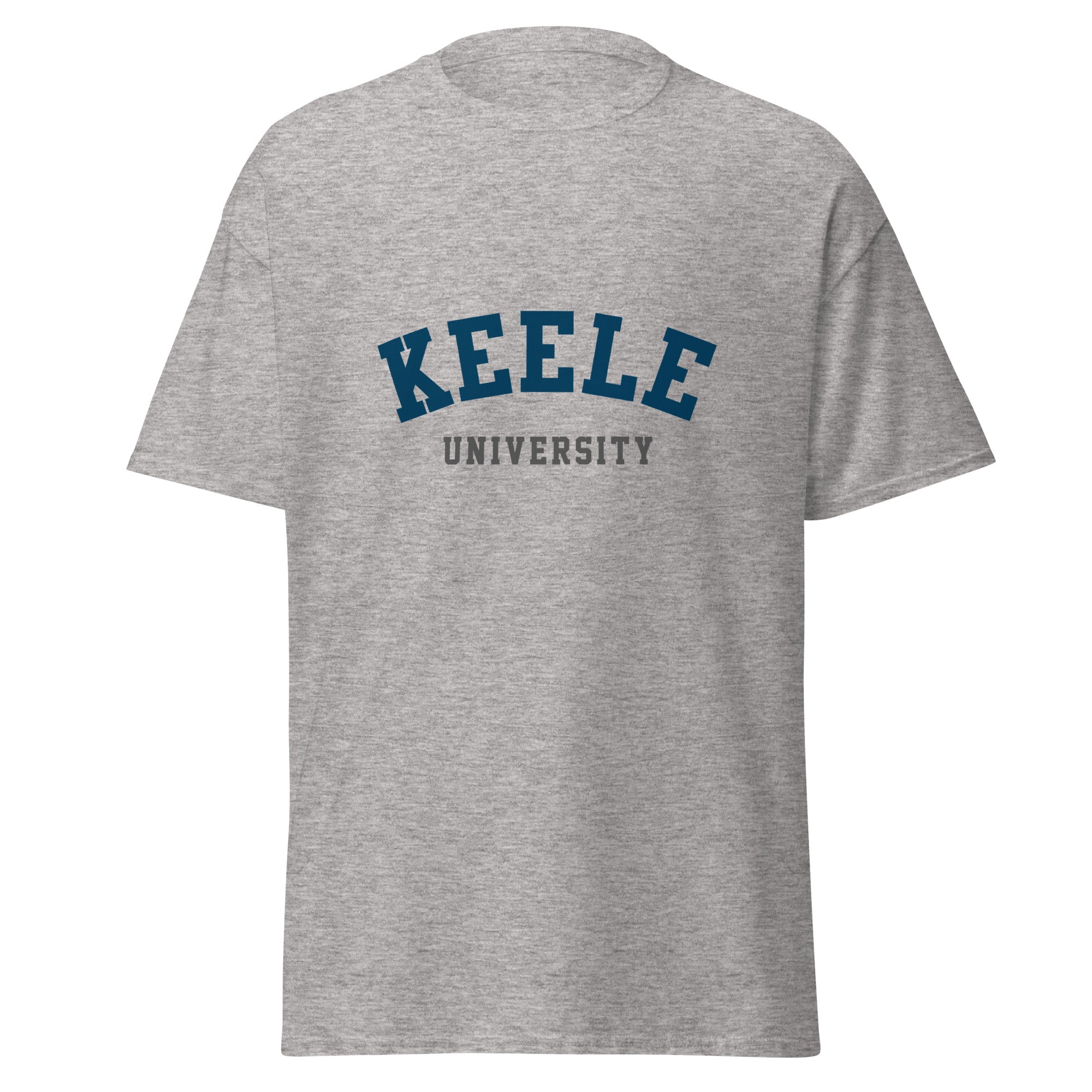 Unisex heather gray t-shirt featuring Keele University logo printed across the front chest