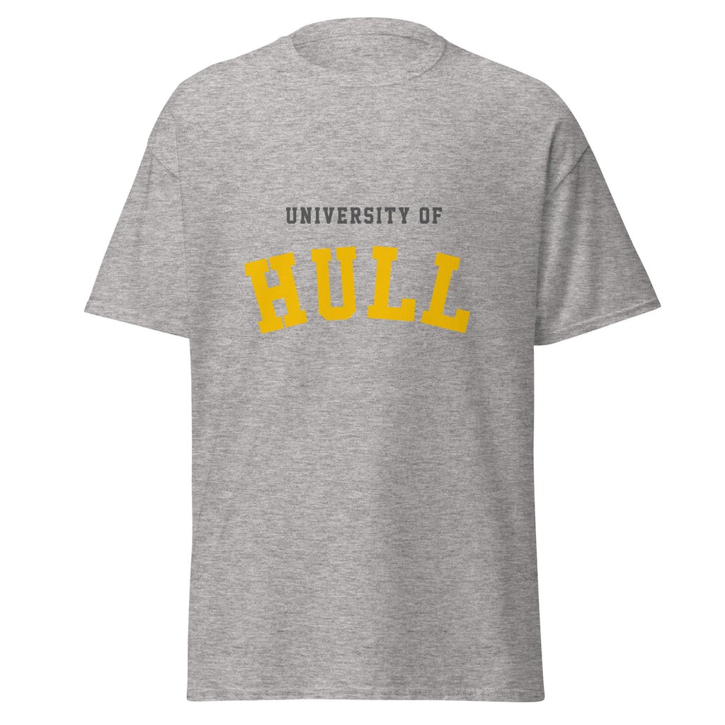 Unisex heather gray t-shirt featuring University of Hull logo printed across the front chest
