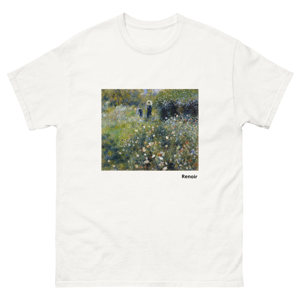 Unisex classic tee featuring Renoir's impressionist painting of a woman with parasol in a garden