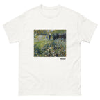 Unisex classic tee featuring Renoir's impressionist painting of a woman with parasol in a garden