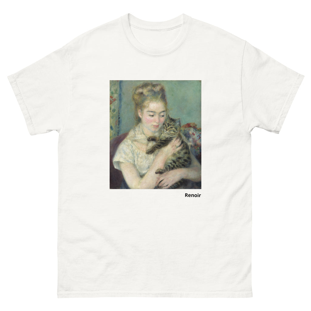 Unisex classic tee featuring Renoir's impressionist painting of a woman holding a cat
