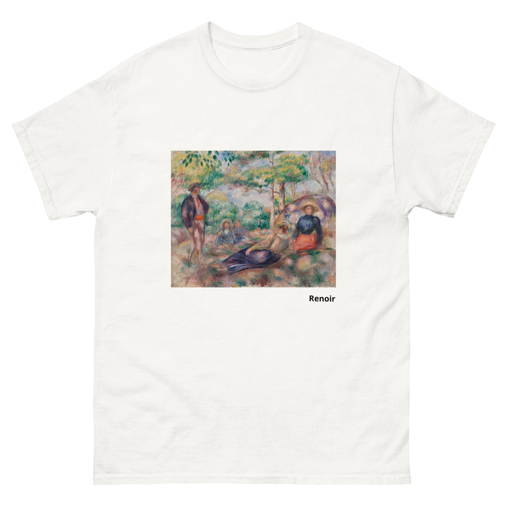 Unisex classic tee featuring Renoir's impressionist painting of figures resting in the grass