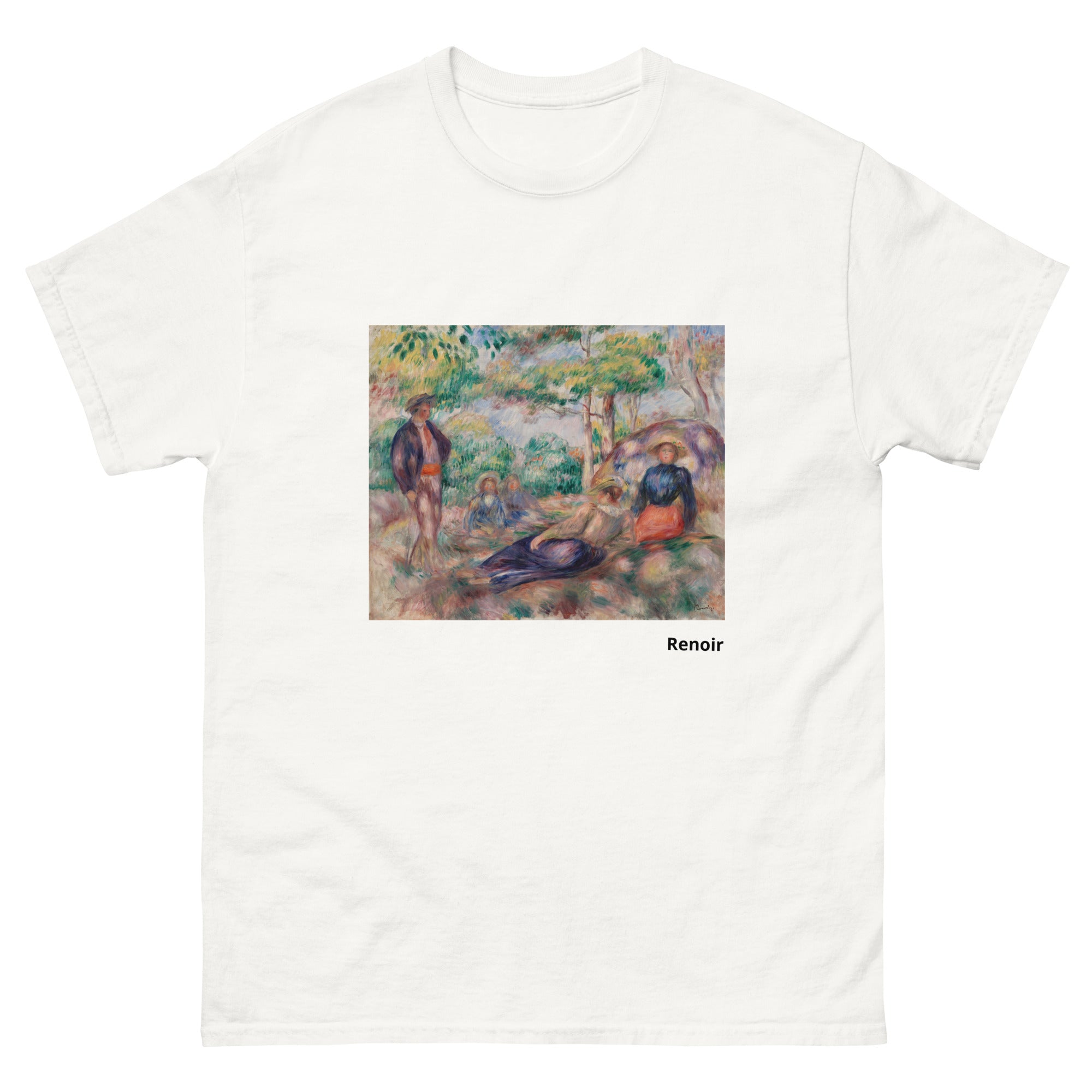Unisex classic tee featuring Renoir's impressionist painting of figures resting in the grass