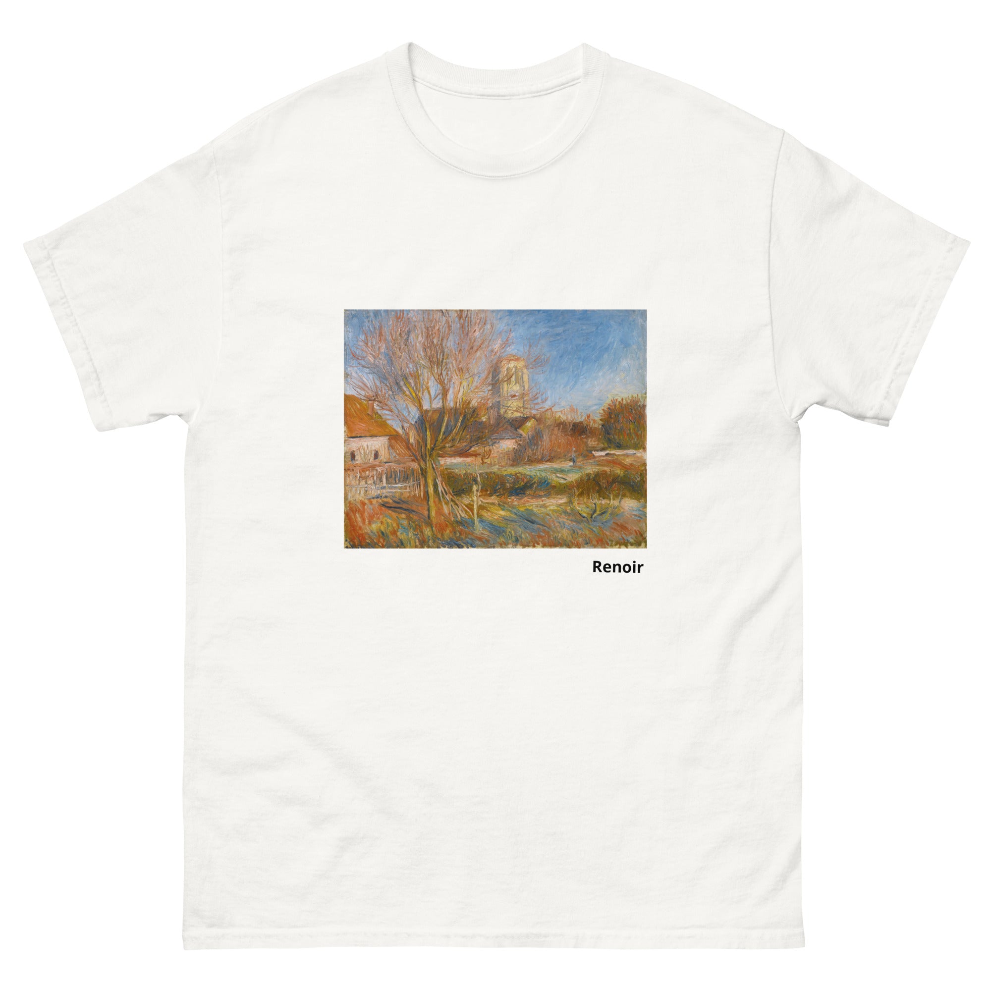 Unisex classic tee featuring Renoir's impressionist painting of a village church in Essoyes