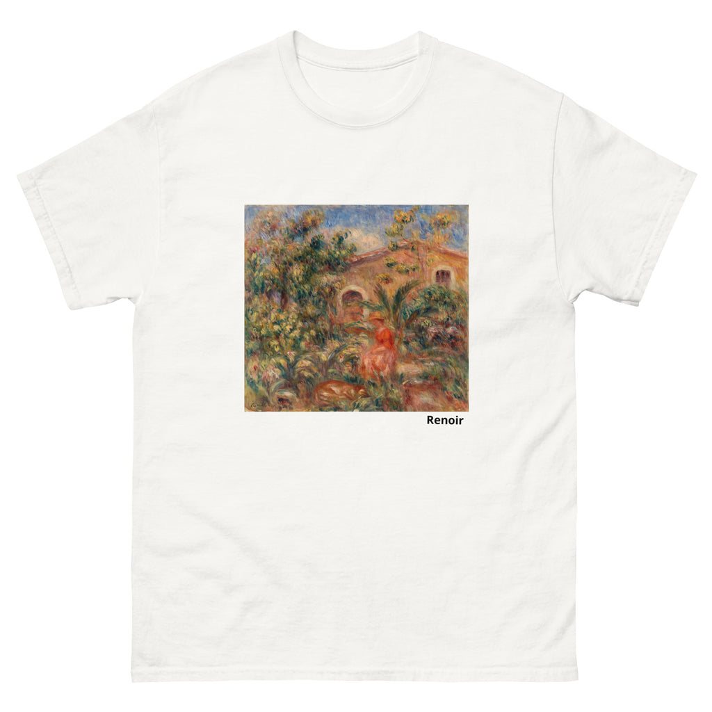 Unisex classic tee featuring Renoir's impressionist landscape with a woman and dog outdoors