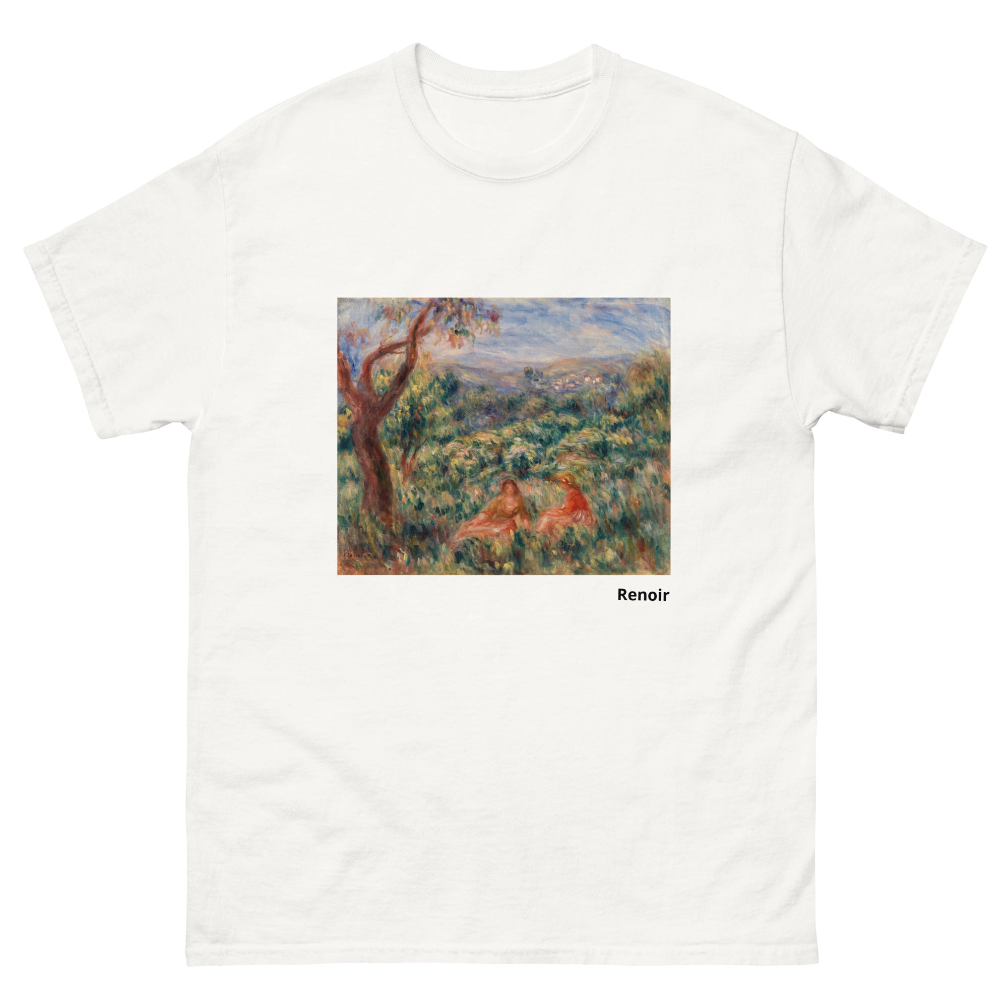 Unisex classic tee featuring Renoir's 1916 impressionist landscape with vibrant natural scenery