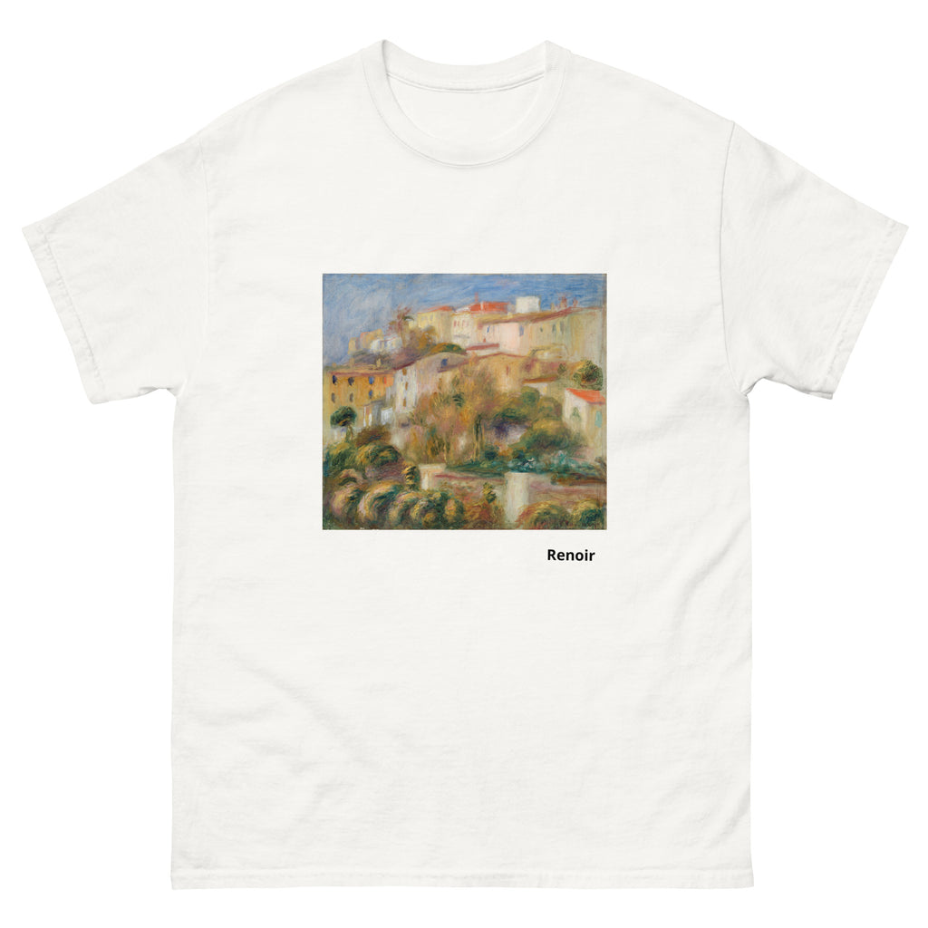 Unisex classic tee featuring Renoir's impressionist painting of houses on a sunlit hillside