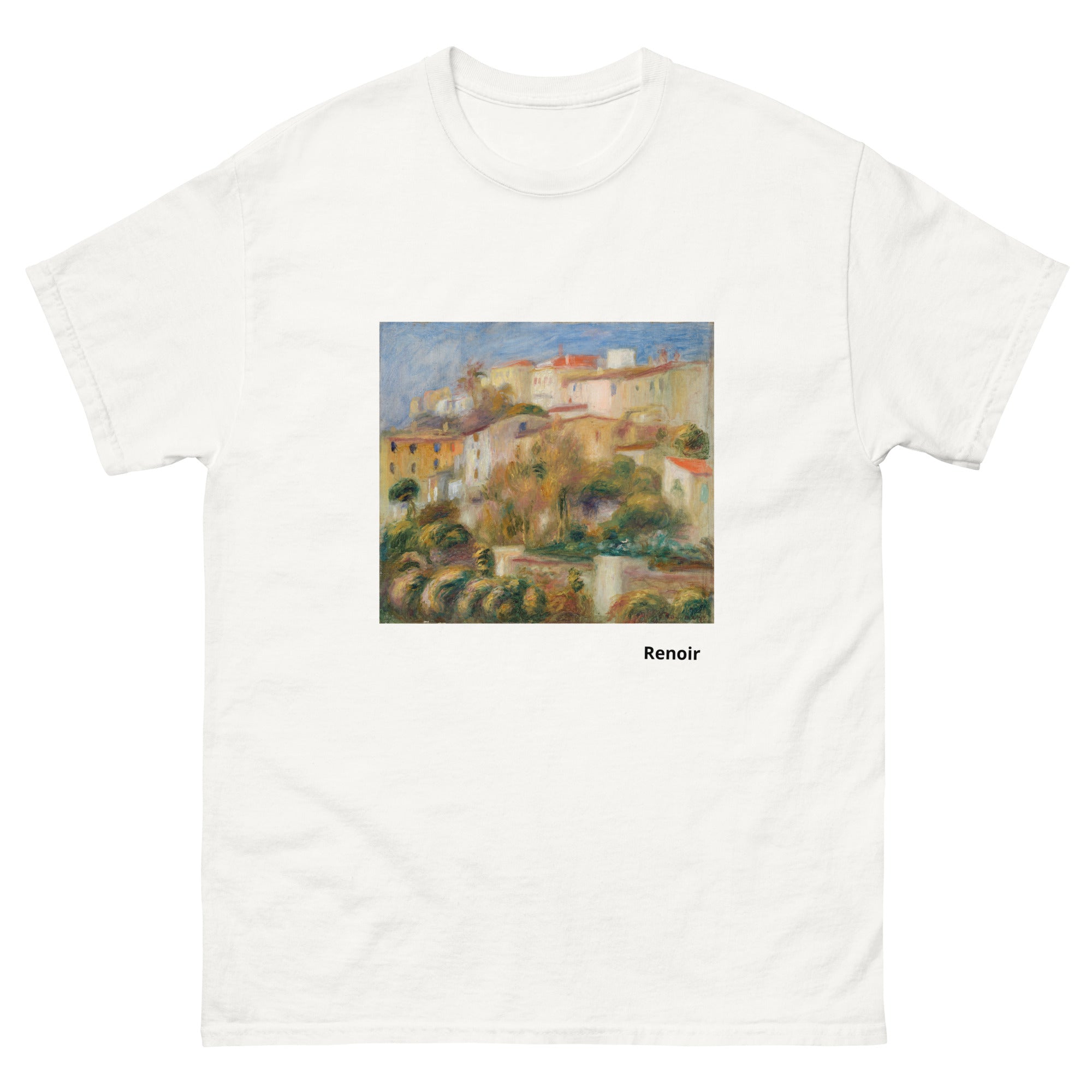 Unisex classic tee featuring Renoir's impressionist painting of houses on a sunlit hillside