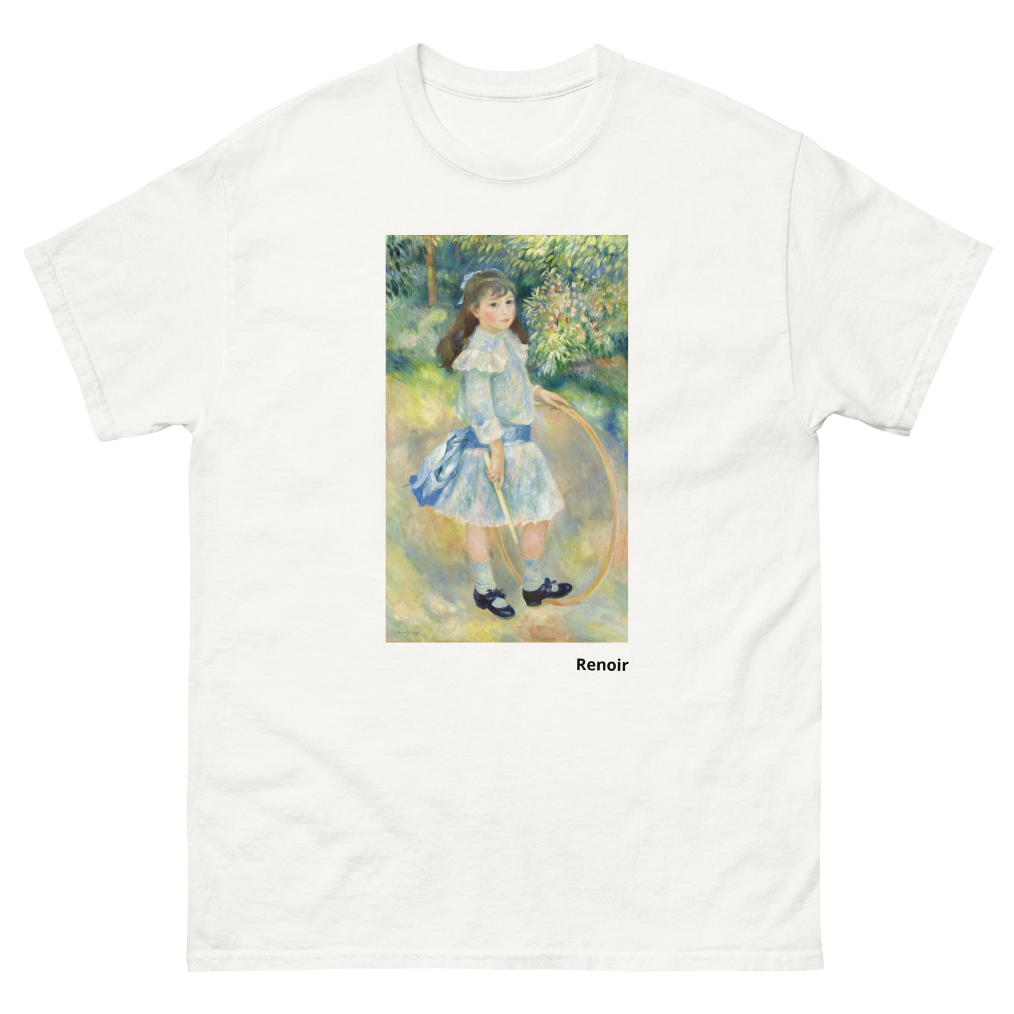 Unisex classic tee featuring Renoir's impressionist painting of a girl playing with a hoop