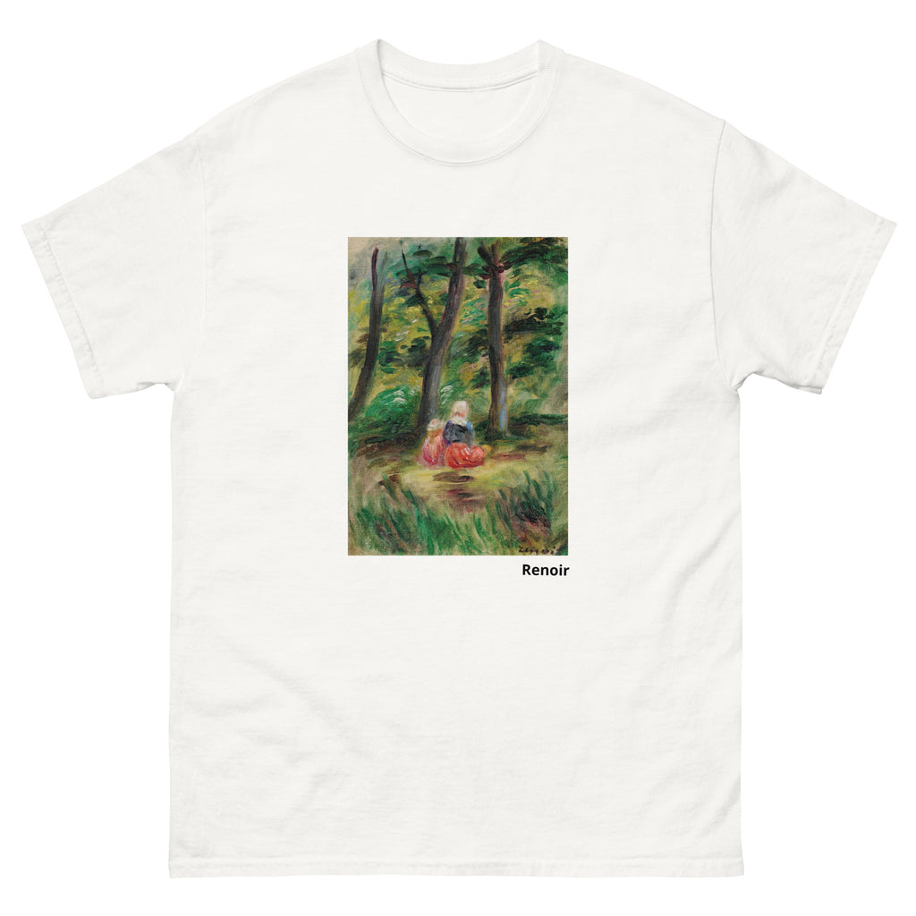 Unisex classic tee featuring Renoir's impressionist painting of a woman and child in a landscape