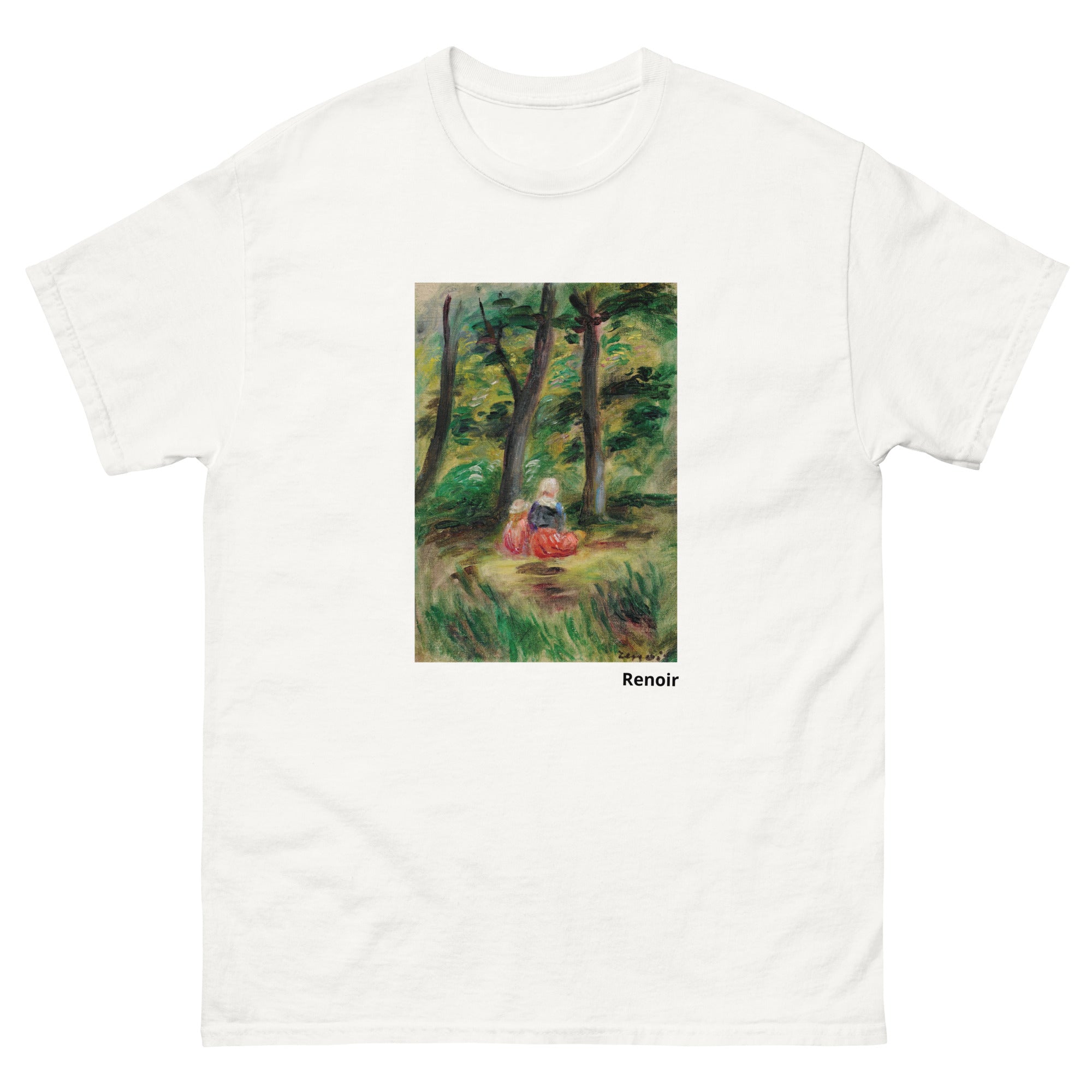 Unisex classic tee featuring Renoir's impressionist painting of a woman and child in a landscape