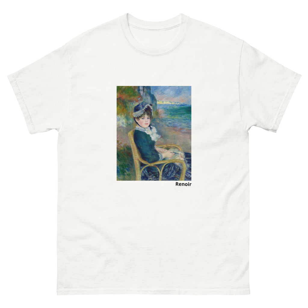Unisex classic tee featuring Renoir's impressionist painting of a woman seated by the seashore