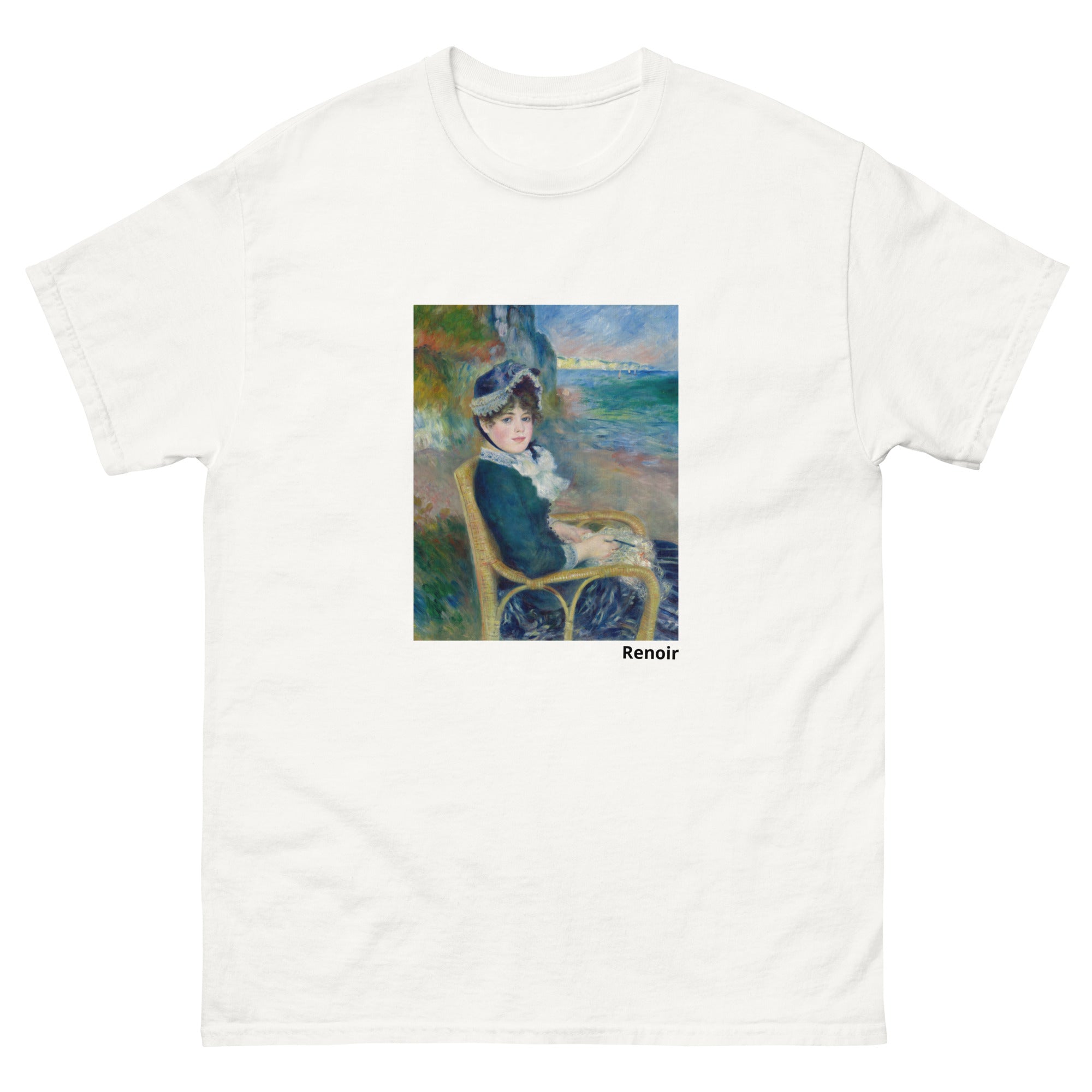 Unisex classic tee featuring Renoir's impressionist painting of a woman seated by the seashore