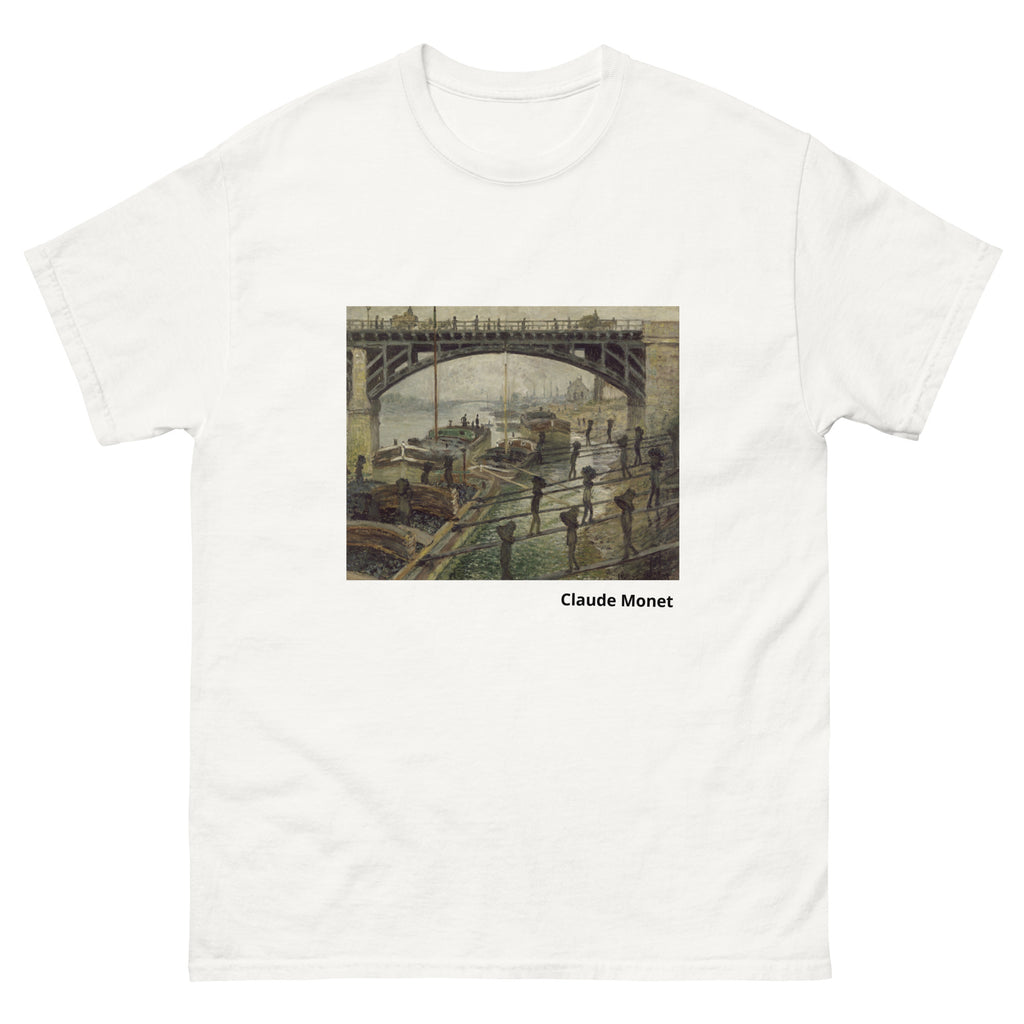 Unisex classic tee featuring Monet's impressionist painting of workers unloading coal from barges