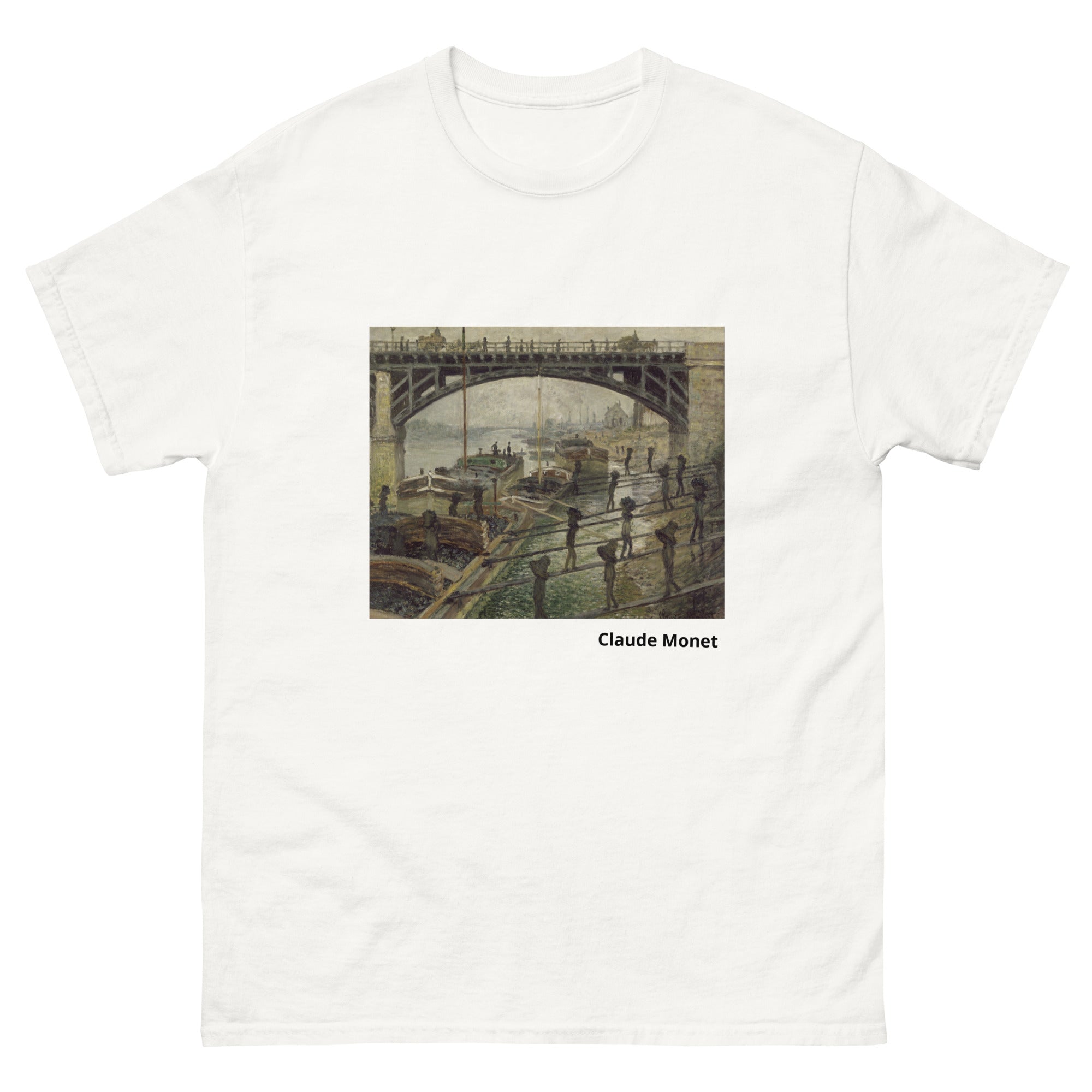 Unisex classic tee featuring Monet's impressionist painting of workers unloading coal from barges