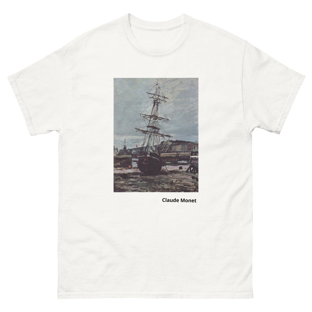 Unisex classic tee featuring Monet's impressionist painting of a stranded boat at Fécamp