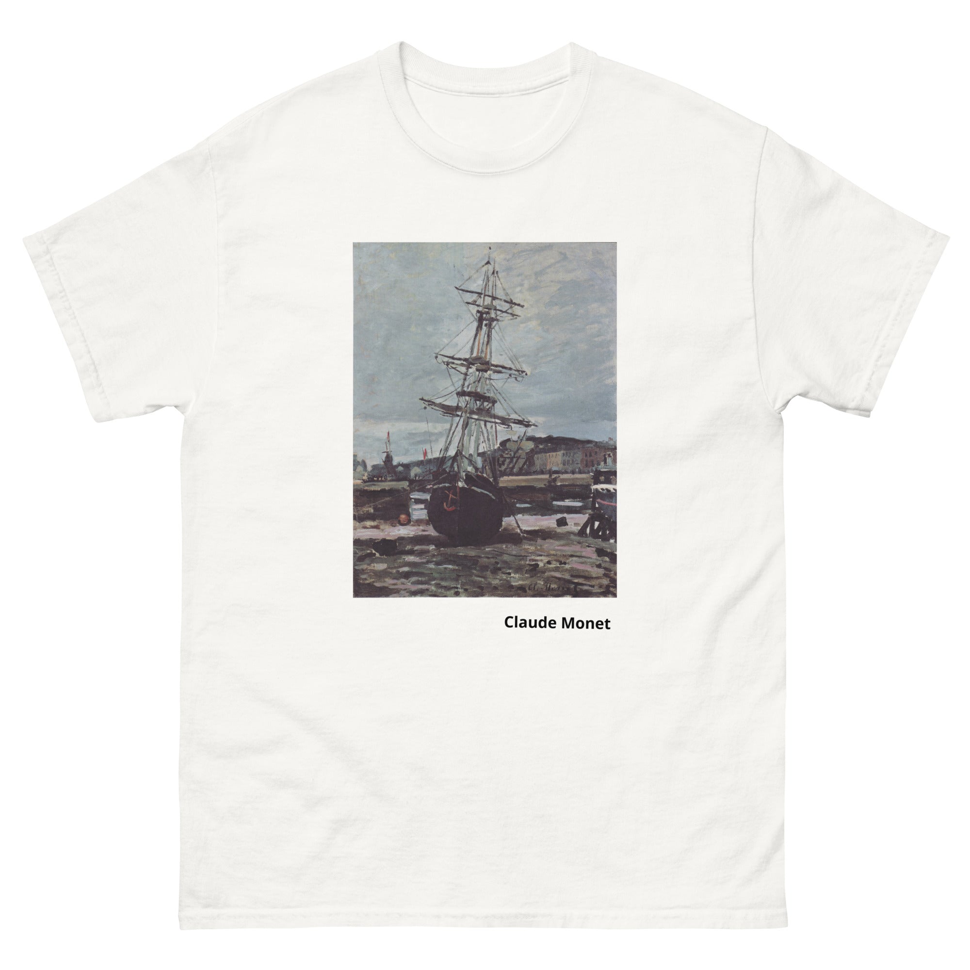 Unisex classic tee featuring Monet's impressionist painting of a stranded boat at Fécamp