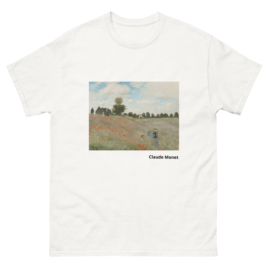 Unisex classic tee featuring Monet's impressionist painting of a red poppy field in summer